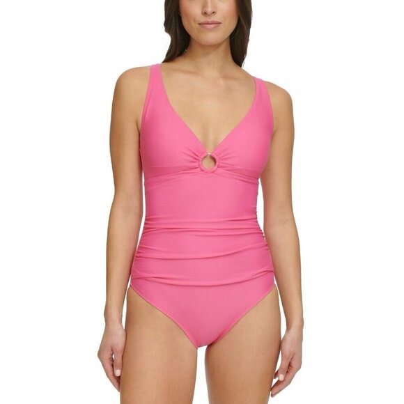 Tommy Hilfiger Women’s Size 8 Dahlia Pink One Piece Swimsuit Keyhole Ring New - Picture 3 of 8